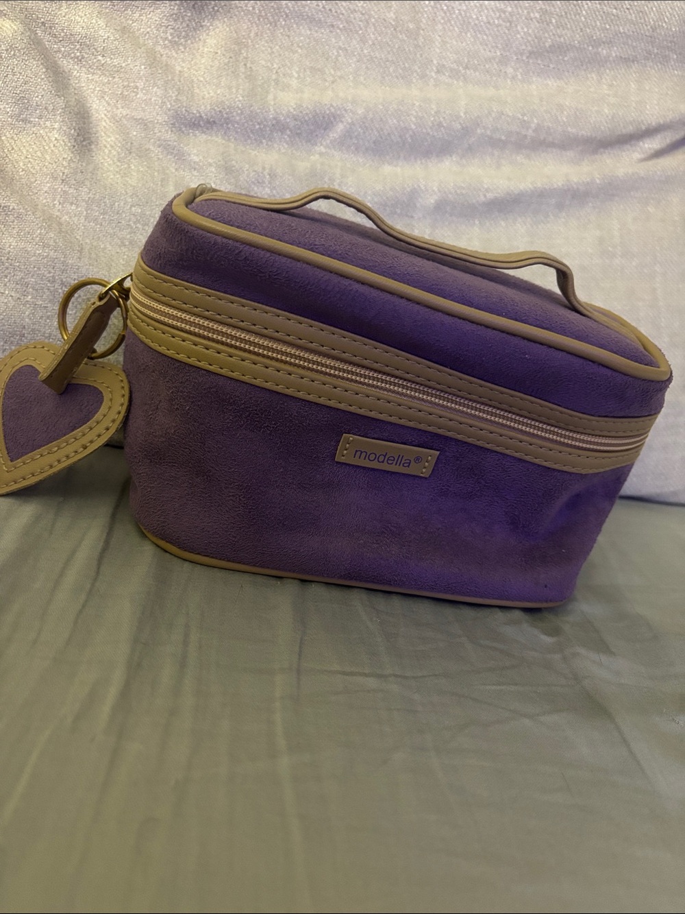Modella Purple Suede Cosmetic Case with Tan Trim and Heart Charm